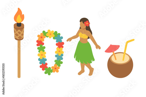 Tropical Party Icons Isometric Flat Vector Set of Luau Decorations with Tiki Torch, Lei Garland, Hula Dancer, Coconut Drink Illustration on Transparent Background
