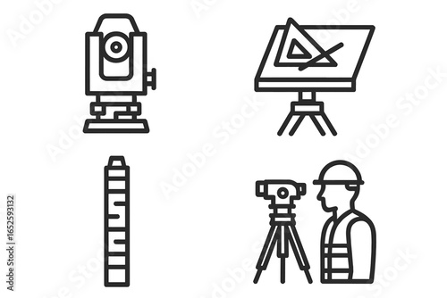 Surveyor instruments line icon set. Geodesy engineering equipment. Theodolite, plane table, leveling staff. Construction worker with total station on tripod. Vector.