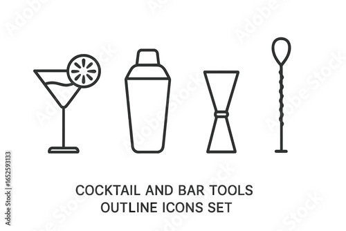 Cocktail and bar tools outline icons set. Linear mixology and bartender essentials. Vector illustration with martini glass, shaker, jigger, and bar spoon. Drinkware.