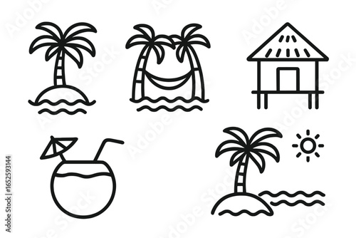 Tropical Paradise Icon Set of Palm Trees, Hammock, Thatched Hut, Coconut Drink, and Beach Scene Vector Illustration on Transparent Background