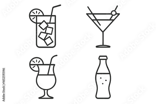 Cocktail and beverage outline icons set. Bar menu linear symbols for drinks. Long drink, martini, tropical juice and soda bottle. Vector graphic elements for design.
