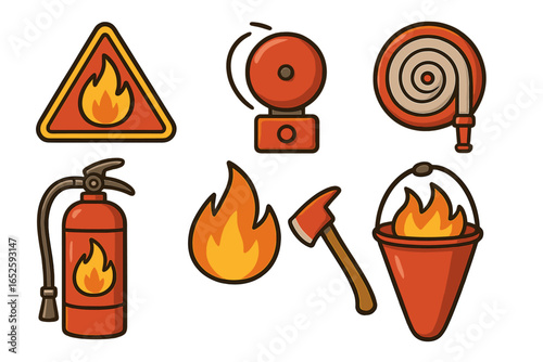 Fire safety equipment icon set. Vector collection of firefighter tools for emergency protection. Fireman symbols including extinguisher, alarm, hose, and warning sign.