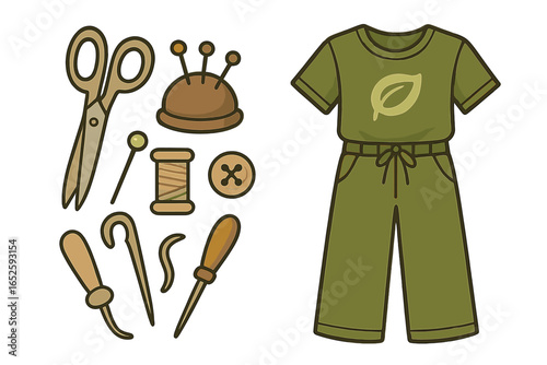 Sewing tools set for mending and repair. Sustainable fashion concept with eco-friendly clothing. Slow fashion, DIY craft, and handmade hobby vector cartoon illustration.
