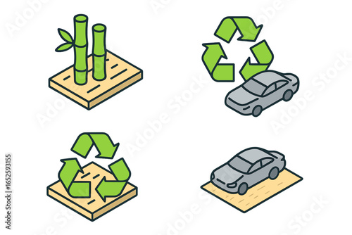 Sustainable automotive icons. Isometric flat icon set for the green car industry and eco friendly transport concept. Recycled materials and bamboo fiber sourcing for vehicles.