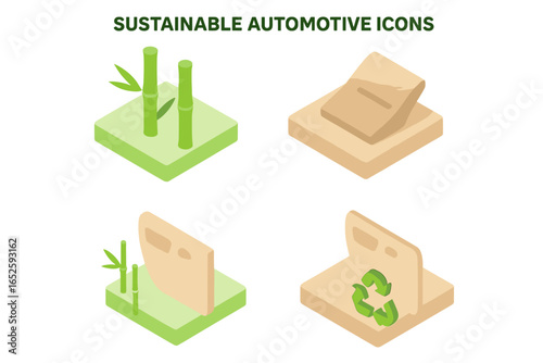 Sustainable automotive icons isometric vector set. Eco-friendly car manufacturing with bamboo fiber panels, recycled biodegradable materials. Green technology innovation concept.