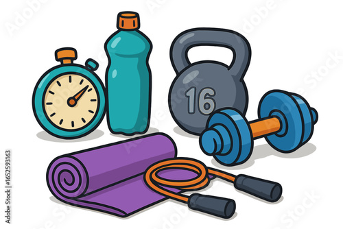 Fitness equipment set for gym workout. Healthy lifestyle concept with dumbbell, kettlebell, water bottle, jump rope, stopwatch and mat. Cartoon vector sport illustration.