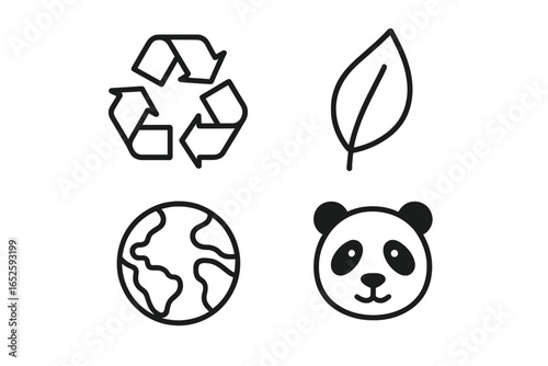 Eco icon outline set. Environmental and ecological symbols. Recycling logo, green leaf, planet earth, and endangered animal. Vector for sustainability and conservation.