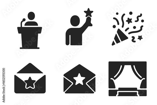Event icon set for awards ceremony and celebration. Solid glyphs of speaker at podium, winner with star prize, party confetti, theater stage, and invitation envelope.