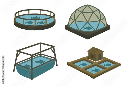 Aquaculture isometric vector icons. Fish farming industry illustration set. Commercial fishery, pisciculture systems with tank, pond, cage, pool and dome. Seafood production.
