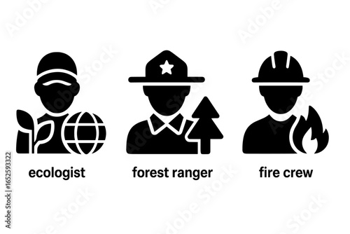 Environmental professions icon set. Solid glyphs of an ecologist, forest ranger, and fire crew for ecosystem restoration. Ecology, conservation, forestry, and firefighting concepts.