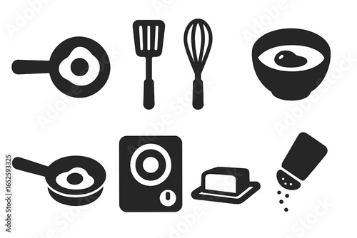 Egg preparation solid icon set. Breakfast cooking concept with fried egg in frying pan, spatula, whisk, bowl, stovetop, butter, and salt shaker. Food vector glyphs.