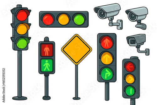 Traffic light and CCTV camera vector set. Collection of cartoon road safety elements including pedestrian signals, street signs, and surveillance systems for urban control.