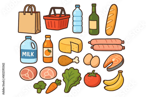 Grocery shopping food set. Supermarket product collection with meat, fish, fruit, vegetables, dairy, drinks. Vector cartoon icons for healthy eating concept.