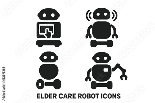 Elder care robot solid icon set. Vector glyphs of futuristic medical assistant for senior people. Technology concepts: AI helper, robotic arm, touch screen, sensors.