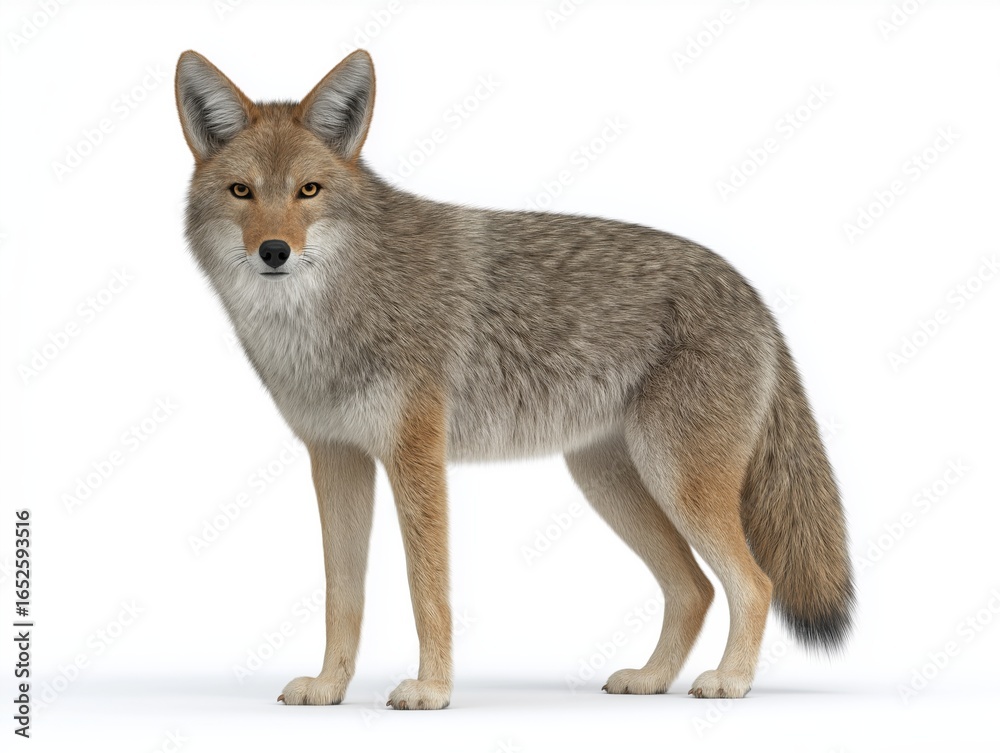 Obraz premium Realistic illustration of a coyote standing confidently, showcasing its detailed fur texture, alert expression, and natural posture, symbolizing wild nature and adaptability