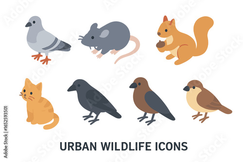 Urban Wildlife Icons Set, Isometric Flat Vector Illustrations of Common City Animals Including Pigeon, Rat, Squirrel, Stray Cat, Crow, Sparrow, and Brown Bird on Transparent Background