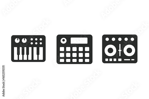 Electronic music equipment solid icon set. Synthesizer, drum machine, and DJ mixer vector icons. Music production, beat making, and sound design glyph elements.