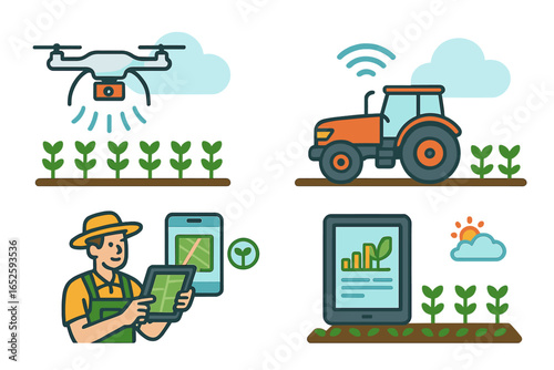 Smart farming and agriculture technology icon set. Modern farmer with tablet, autonomous tractor, and drone spraying crops. Vector for agri-tech and precision farming.