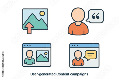 User-generated content campaigns icon set, flat isometric vector illustration of customer photo upload, testimonial quotes, social media interaction, marketing, and engagement symbols