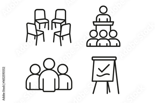 Group therapy and business meeting icon set. Vector icons for support group, conference, presentation, and teamwork. Psychology, coaching, and corporate training symbols.
