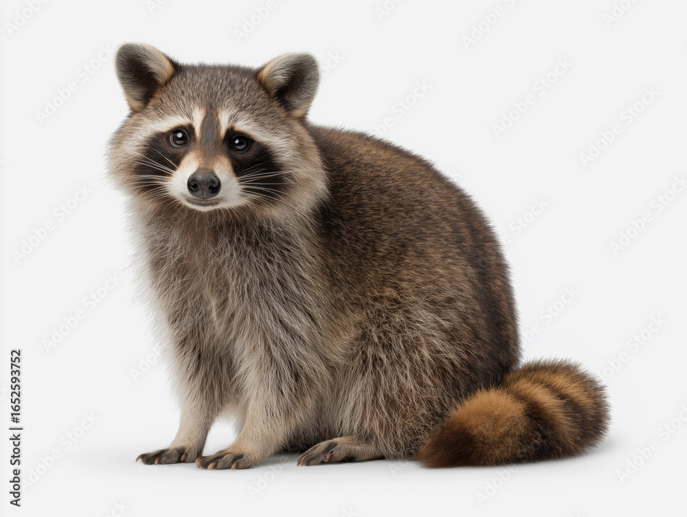 Obraz premium Cute raccoon sitting on a white background, showcasing its distinctive facial markings and fluffy tail, highlighting the charm of this playful nocturnal animal