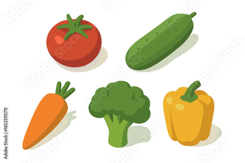 Isometric Flat Icon Set of Fresh Vegetables Including Tomato, Cucumber, Carrot, Broccoli, Yellow Bell Pepper, Vector Illustration on Transparent Background
