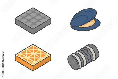 Bioinspired material isometric icon set. Biomimicry and bionics concepts. Deep-sea materials like sharkskin patterned surface and mussel adhesive. Science and technology vector.