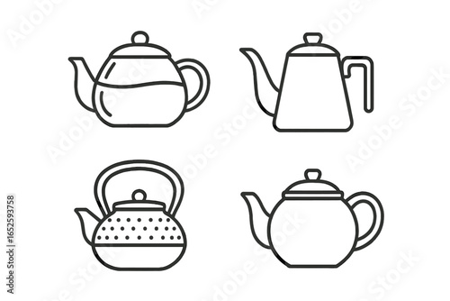 Teapot icon collection. Outline icon set of modern teapot designs. Includes glass teapot, drip teapot, cast iron tetsubin, and ceramic pot. Vector line art illustration.