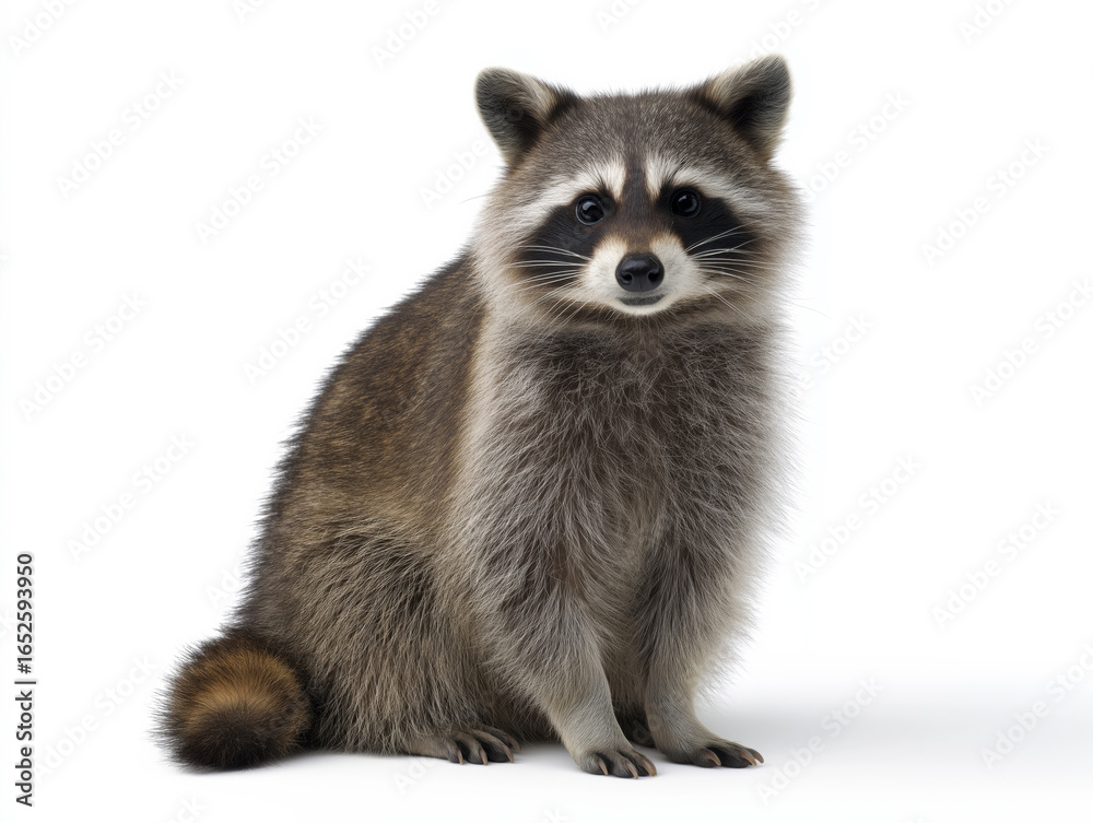 Obraz premium Adorable raccoon with fluffy fur and bright eyes sits gracefully on a clean white background, showcasing its playful nature and charming expression in a captivating portrait