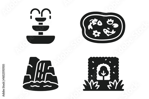 Garden and landscape design solid icons. Estate water features vector glyph set with central fountain, koi pond, rock waterfall, and topiary hedge archway. Luxury park elements.