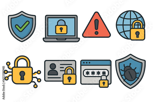 Cybersecurity icon set vector collection. Internet security and data protection symbols. Shield, lock, password, virus, and privacy concepts for web and mobile interface.