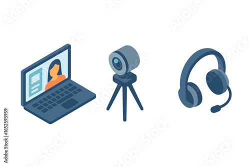Teletherapy isometric icon set for online medical consultation. Vector illustration of telehealth setup with laptop video call, webcam, and headset with microphone for remote work.