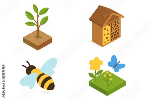 Isometric icon set of biodiversity and ecosystem restoration. Vector illustration of native tree sapling, insect hotel, bee, butterfly, and pollinator habitat.