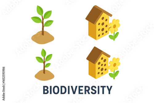 Biodiversity conservation vector icon set. Isometric flat design with tree sapling for reforestation and insect hotel for pollinator habitat. Ecosystem restoration concept.
