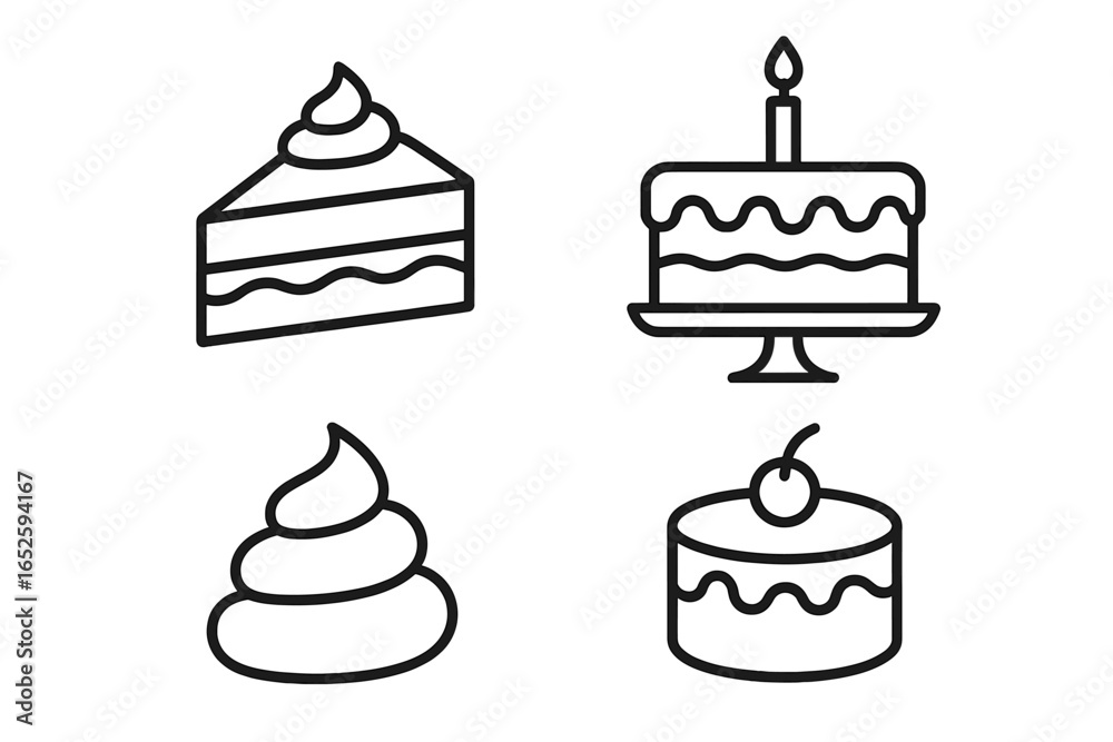 Birthday cake icon set. Outline vector elements of cake slice, candle, frosting swirl, and cherry topper. Celebration, party, bakery, dessert food linear pictogram collection. Birthday cake icon set. Outline vector elements of cake slice, candle, frosting swirl, and cherry topper. Celebration, party, bakery, dessert food linear pictogram collection.