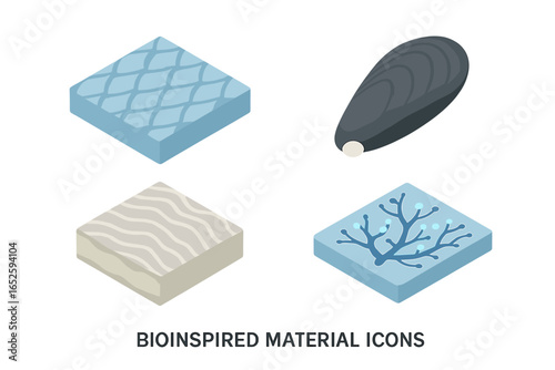Bioinspired materials isometric icon set. Biomimicry, nanotechnology vector concepts. Shark skin texture for hydrodynamics, mussel adhesive, and self-healing materials.