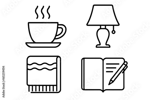 Evening relaxation routine outline icon set. Cozy home comfort symbols: warm tea cup, dim lamp, blanket, and journal. Self-care and wellness vector illustration.