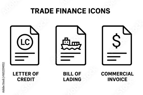 Trade finance outline icon set. Letter of credit, bill of lading, commercial invoice. Vector for international business, logistics, import, export, shipping documentation.