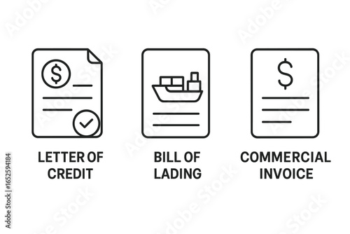 Trade finance outline icon set with letter of credit, bill of lading, and commercial invoice. International trade documentation symbols for import and export business.