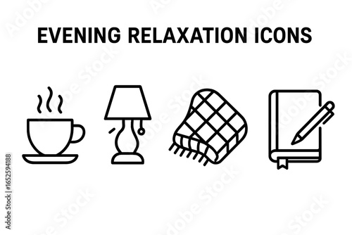 Evening relaxation icons. Outline icon set for a cozy hygge routine. Warm tea cup, dim lamp, plaid blanket, and journal with pen. Vector for self-care concept.