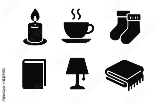 Cozy evening relaxation solid icon set. Hygge lifestyle home comfort concept. Vector glyph collection of candle, hot drink, socks, book, lamp, and blanket symbols.