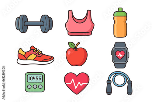 Fitness icons and healthy lifestyle elements. Workout essentials for gym, cardio and wellness. Set includes dumbbell, apple, sneaker, pedometer and heart health tracker.