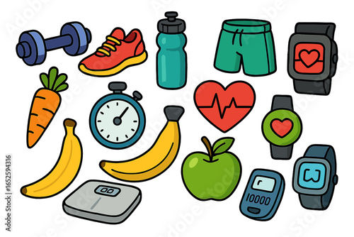 Healthy lifestyle icon collection. Fitness and sport equipment for workout and gym. Dumbbell, shorts, scales, stopwatch, fruit, and smartwatch for heart rate activity tracking.