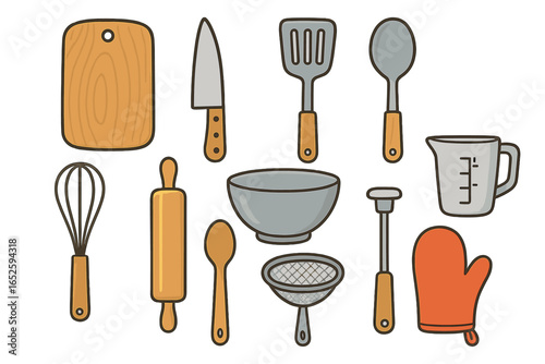 Kitchen utensils vector icon set for cooking and baking. Culinary tools collection with knife, cutting board, whisk, rolling pin, spatula, spoon, bowl, oven mitt.