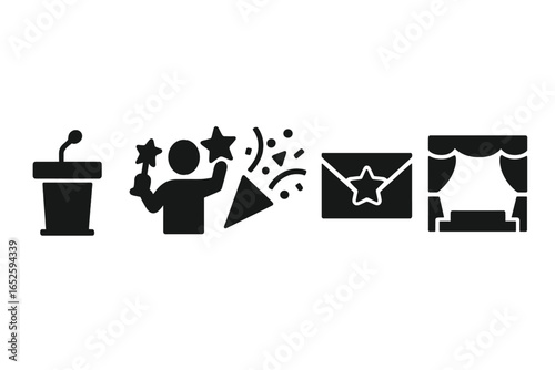 Event icon set for awards ceremony. Solid glyph collection for celebration, winner, and speech. Includes podium, confetti popper, star envelope invitation, and theater stage.
