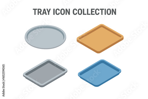 Isometric tray icon set. Vector collection of empty serving platters. Flat design illustrations of round silver tray, rectangular wooden board, and plastic food trays.