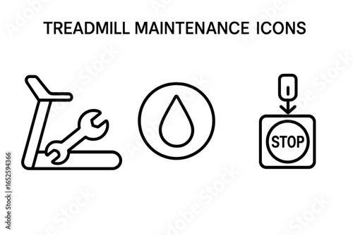 Treadmill maintenance icons set. Outline vector symbols for fitness equipment care. Includes repair wrench, lubricant oil drop, and emergency stop button with safety key.