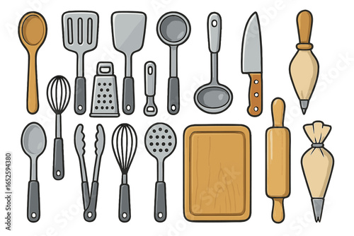 Kitchen utensils set for cooking and baking. Culinary tools collection with spatula, ladle, whisk, knife, rolling pin, and grater. Cartoon vector icon illustration.