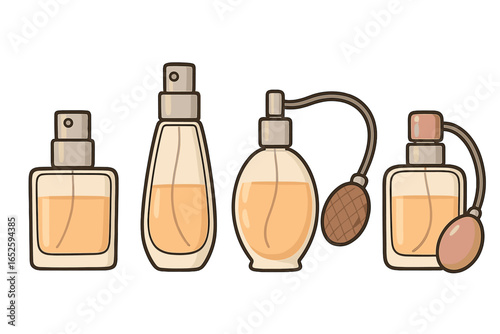 Set of elegant perfume bottles. Fragrance spray and vintage atomizer collection. Vector illustration of cosmetic glass containers for beauty, glamour, and luxury products.