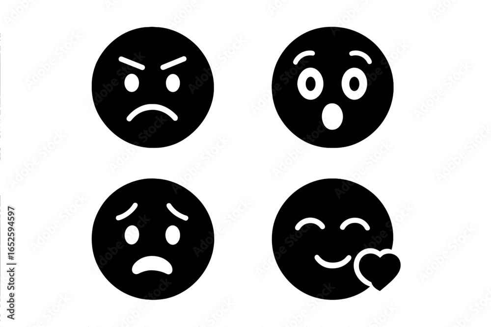 Fototapeta premium Expressive emoticon solid glyph icon set. Vector emoji collection with emotions: angry, amazed, anxious, and affectionate. Face symbol for user interface and web design.